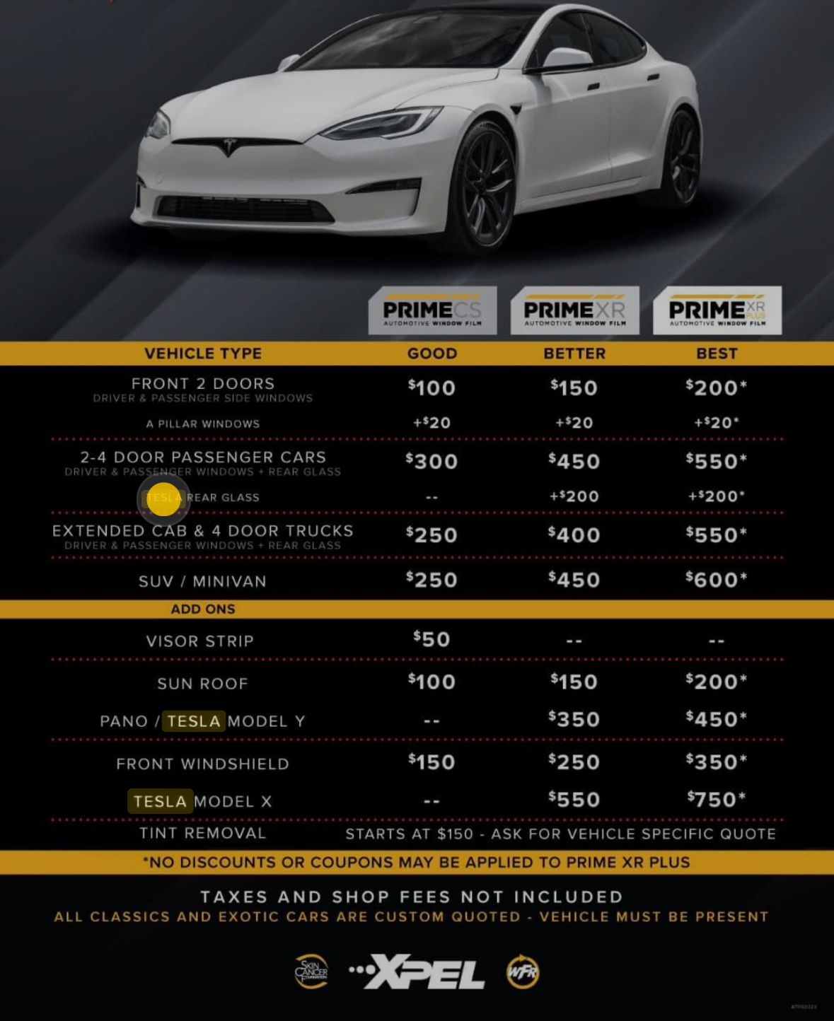 Automotive window tinting pricing chart - XPEL PRIME CS, PRIME XR, and PRIME XR PLUS options for all vehicle types
